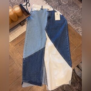 TCL Blue and White Patchwork Denim Maxi Skirt